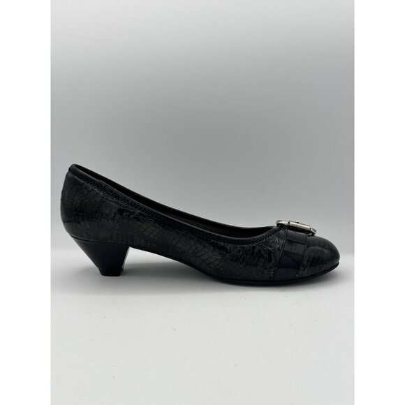 Black Faux Croc Leather Buckle Kitten Heels Size 7W - Picture 4 of 7